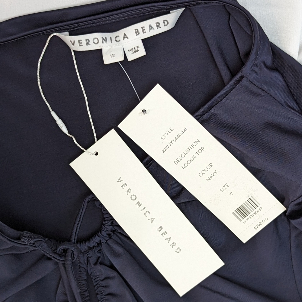 Veronica Beard Rogue Top Halter Neck Tie Ruched Detail Long Sleeve Navy 12 NWT - Picture 13 of 13